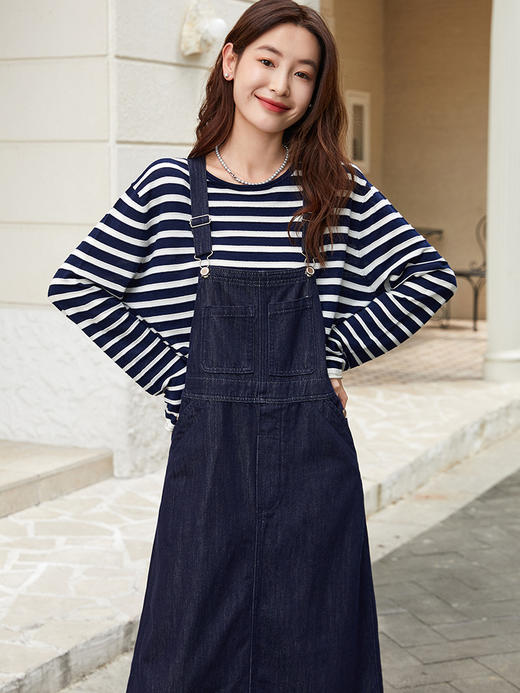 复古回潮！深蓝色牛仔背带裙 交叉背带 减龄长款连衣裙 商品图0