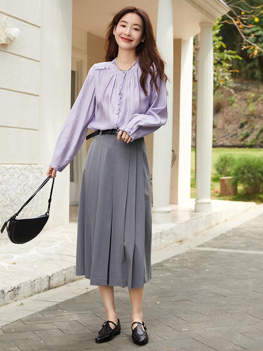 温柔气质担当！浅紫色圆领褶皱衬衫 通勤日常都绝 商品图1