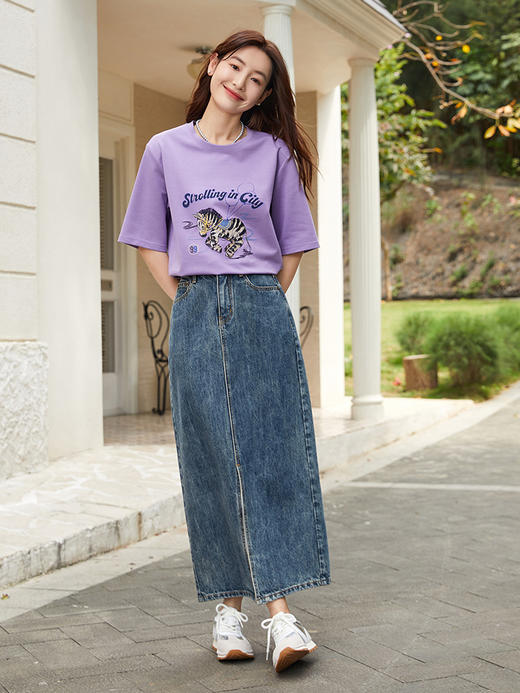 减龄担当！浅紫色斑马印花 T 恤 圆领中袖 趣味卡通图案上衣 商品图1