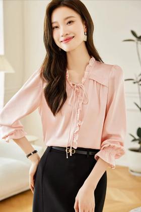 【新品推荐】瑟俪品牌-0502手抓纹木耳边仿真丝缎面顺滑长袖小衫-喜出