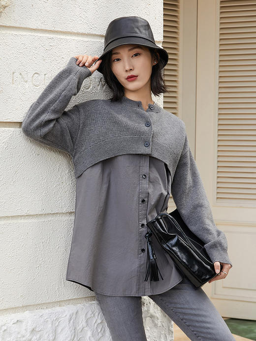 时髦精挚爱！灰色针织拼接衬衫，叠穿新风尚 商品图0
