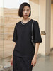 小众设计！黑色圆领中袖上衣 蕾丝拼接袖口 简约高级感 T 恤 商品缩略图0