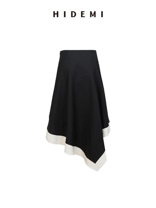 HIDEMI 进口可再生混纺纱线不对称黑白拼接设计感伞状经典时髦半身裙 商品图7