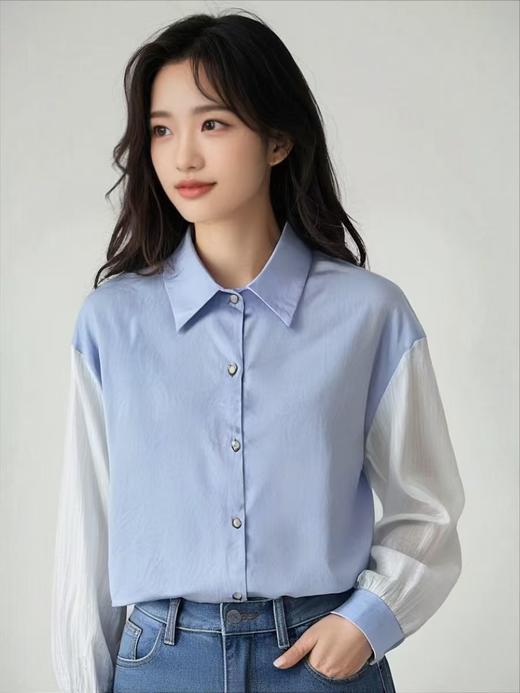 【新品推荐】瑟俪品牌-047A压褶面料拼色袖衬衫-喜出 商品图2