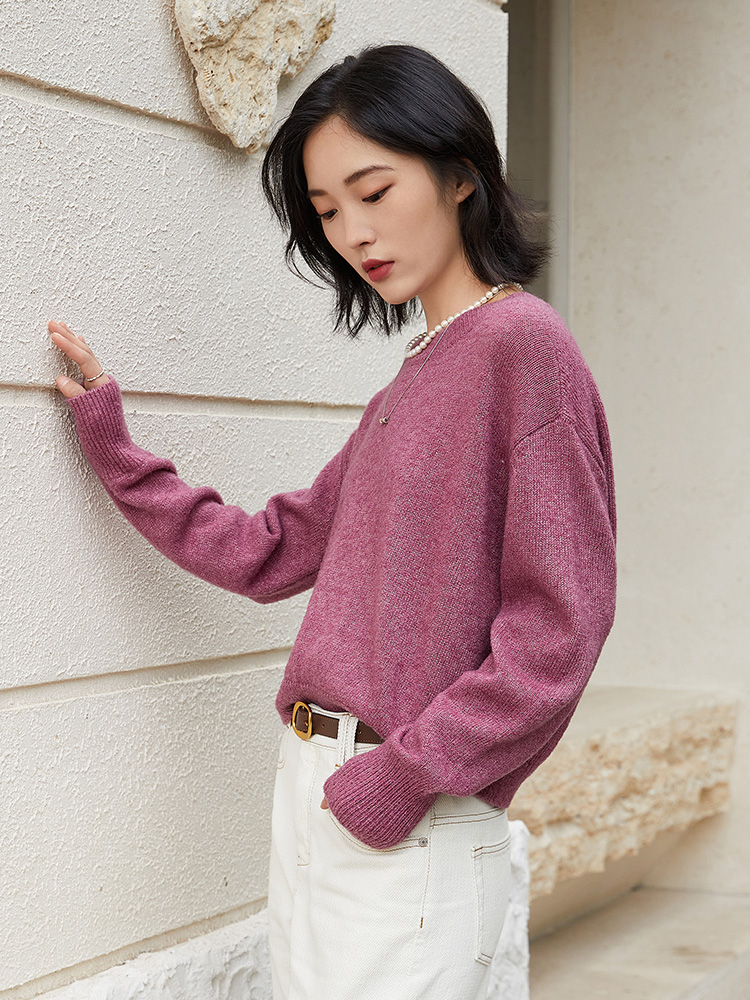 温柔气质款圆领宽松显瘦玫紫色毛衣女 慵懒风针织上衣