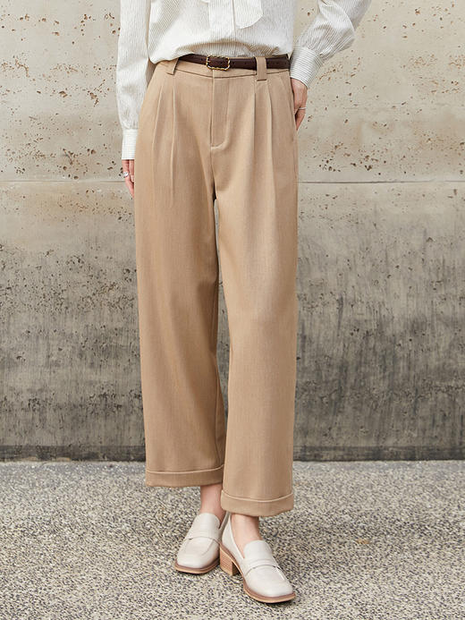 通勤风卡其色高腰阔腿西裤女 宽松直筒垂坠感长裤 商品图0