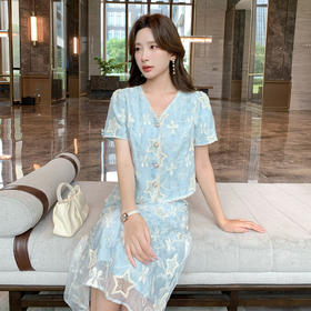 奢姿大码女装2026夏季时尚V领镂空套装胖妹妹减龄星星刺绣两件套9952922135