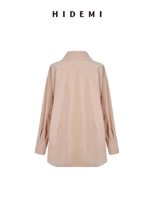 HIDEMI 进口粘胶极简设计感长剪刀领系带廓形宽松感肉桂裸粉色衬衫 商品图6