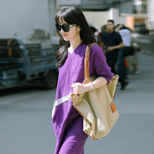 绽放旅行女装413朵/复活款·2020年砂洗亚麻拼接色九分袖连衣裙女 商品图3