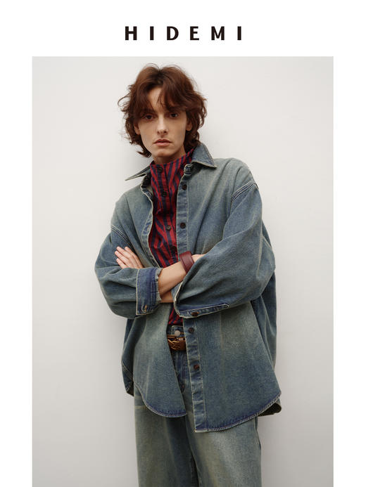 HIDEMI 多重水洗做旧感牛仔蓝泛白丹宁牛仔廓形外套式衬衫 商品图7