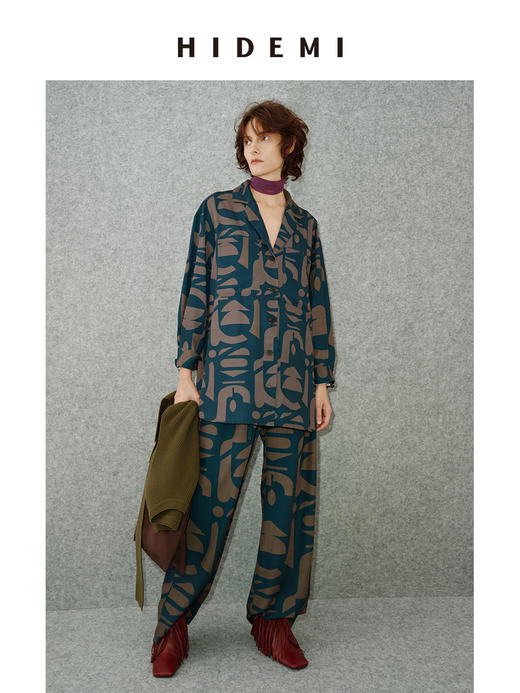 HIDEMI 我们做印花系列手绘纯原创抽象几何感艺术油画印花衬衫阔腿裤套装 商品图5