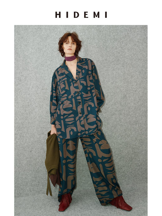 HIDEMI 我们做印花系列手绘纯原创抽象几何感艺术油画印花衬衫阔腿裤套装 商品图2