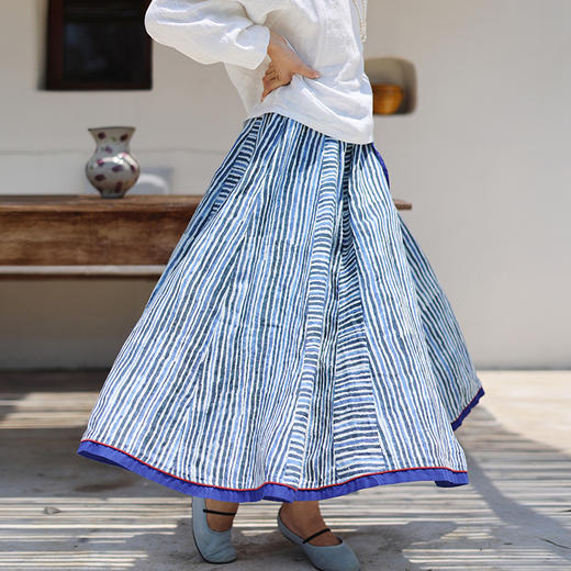 绽放旅行女装416朵/复活款·2019年印花提花亚麻全腰松紧半身裙女 商品图0