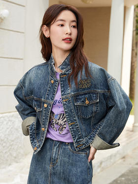 复古做旧牛仔外套女 短款立领刺绣 宽松 bf 风 2025 新款上衣