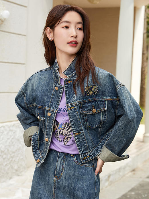 复古做旧牛仔外套女 短款立领刺绣 宽松 bf 风 2025 新款上衣 商品图0
