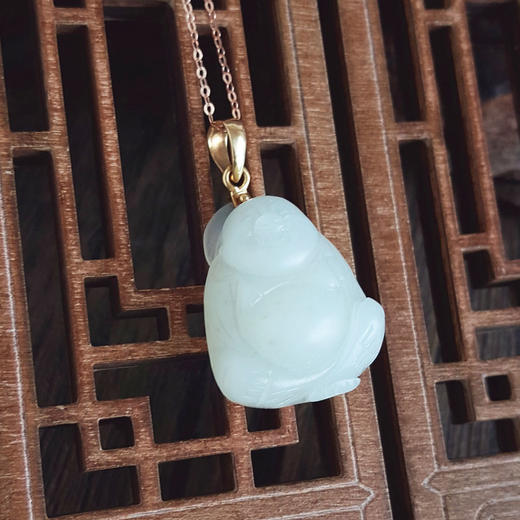 【天然正品】AU750黄金镶天然细腻新疆料一级白佛公和田玉吊坠项链33.7*19.6*10.9MM（皆取最大值）链长:45CM（长度可调节）女性现售价：1680！020725AH44 商品图9