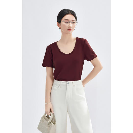 舒适棉百搭纯色T恤 正肩U领 显瘦短袖上衣1112 商品图3