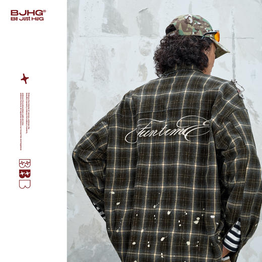 BJHG不计后果美式复古衬衫男款秋格纹泼墨设计宽松舒适衬衣外套女 商品图0