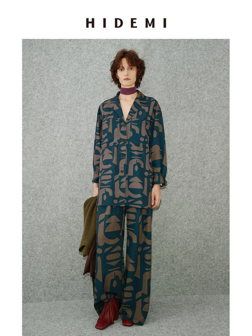 HIDEMI 我们做印花系列手绘纯原创抽象几何感艺术油画印花衬衫阔腿裤套装 商品图3