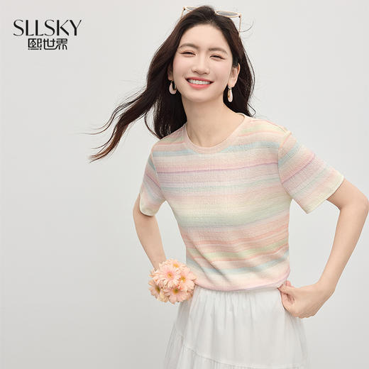 【07/16新品】熙世界多巴胺彩虹条纹T恤女短袖2025夏季新款圆领正肩体恤衫上衣 商品图0