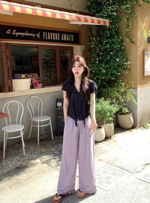 一眼沦陷的黑色上衣+紫色花边阔腿裤！ 商品图0