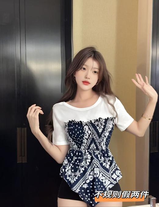 【新品特卖】692假两件不规则腰果花短袖T恤-喜出 商品图0