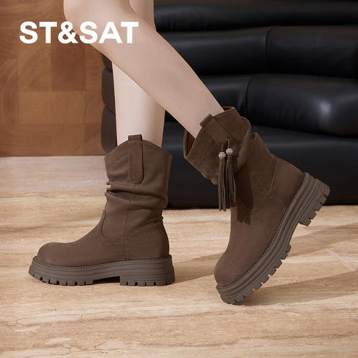 星期六舒适圆头复古流苏堆堆靴SSD3116C3Y 商品图0