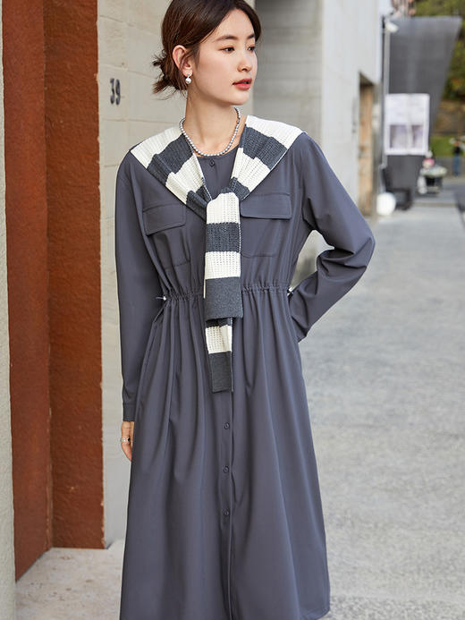 优雅进阶！灰调衬衫连衣裙，搭配撞色披肩尽显格调 商品图0