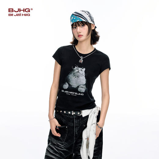 BJHG不计后果小猫抓鱼T恤短袖女款夏季微弹修身半袖凉感正肩T恤女 商品图2