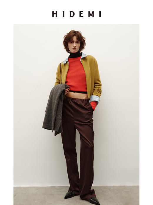 HIDEMI 乌木棕雾感缎面进口聚氨酯天丝棉松紧腰直筒裤长裤 商品图3