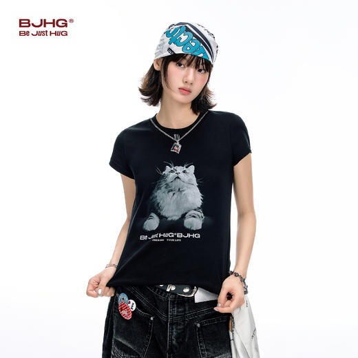 BJHG不计后果小猫抓鱼T恤短袖女款夏季微弹修身半袖凉感正肩T恤女 商品图3