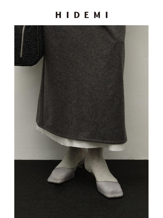 HIDEMI 高级灰极简方头进口小羊皮拼接手工镶嵌包边网纱小猫跟穆勒拖鞋 商品图2