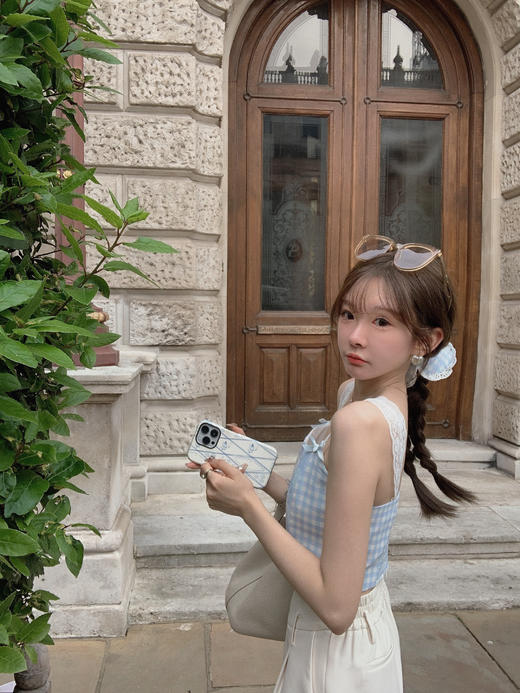 金蘑菇菇  伦敦花市 我爱蓝格格 / 小清新收腰格子背心裙 商品图8