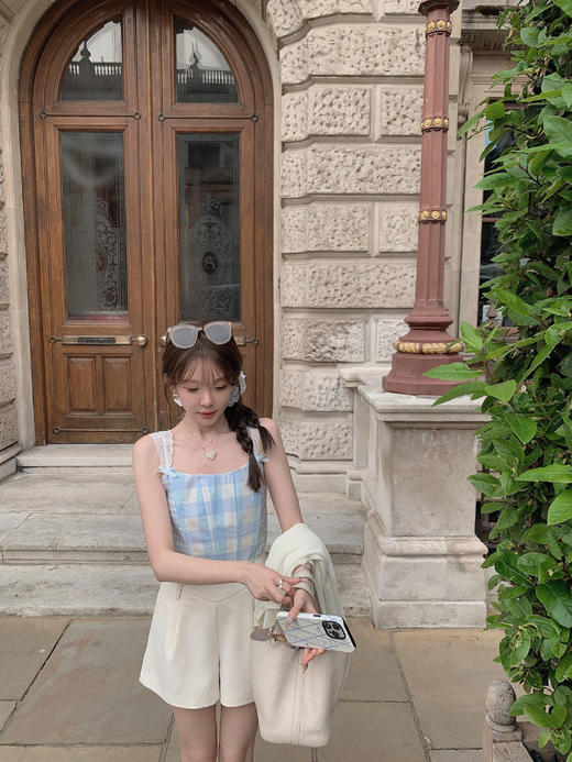 金蘑菇菇  伦敦花市 我爱蓝格格 / 小清新收腰格子背心裙 商品图3