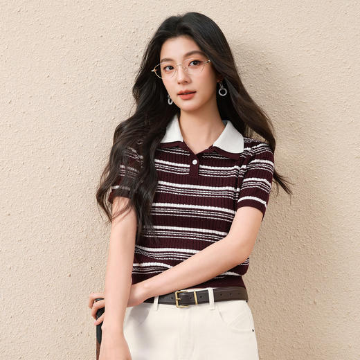 【严选】诗凡黎条纹撞色双层polo领针织衫2025秋新款时尚百搭修身短袖上衣7G7130981 商品图4