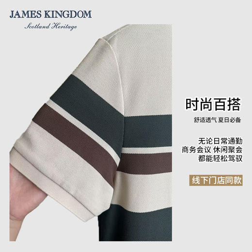 占姆士男士夏季网眼珠地棉条纹POLO翻领T恤下摆开叉新款潮流男装上衣 商品图3