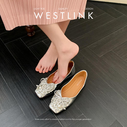 西遇水钻浅口单鞋女新款秋季绝美蝴蝶结瓢鞋软底银色平底鞋V1456901 商品图2