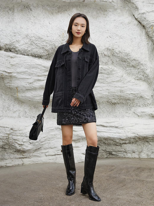 黑色复古牛仔外套女 春秋季宽松显瘦 bf 风上衣 港味休闲夹克衫 商品图1