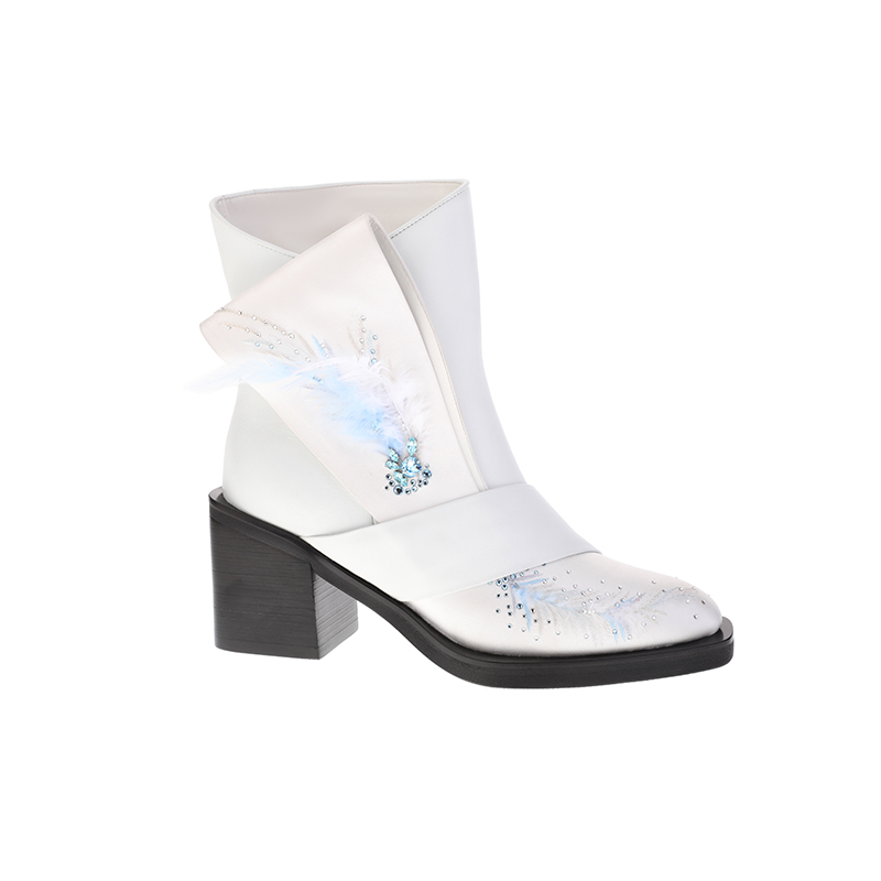 sheme景颇族原创设计女士秋冬粗跟短靴刺绣水晶白色可定制