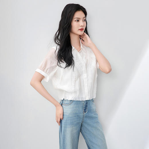 「高货wl」全新升级【铂金会员257/天猫339/差价82】(01730)洛诗琳2025夏季法式优雅精纺新疆棉花边蕾丝泡泡袖衬衫女 商品图1