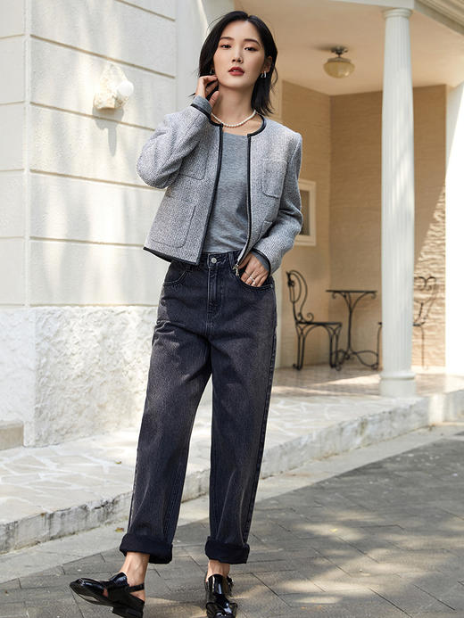 气质修身短款灰色小香风外套，撞色包边设计感上衣 商品图1