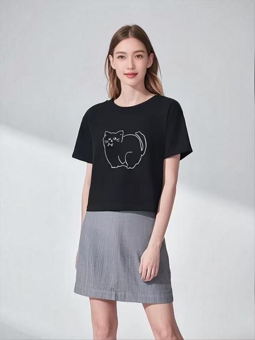 【新品特卖】8310短款宽松蝴蝶结可爱猫短袖T恤-喜出 商品图0