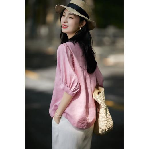 【100色织亚麻桃之夭夭】粉色灯笼袖蕾丝镂空小衫，精致古典的粉色系融入质朴自然麻料 商品图2