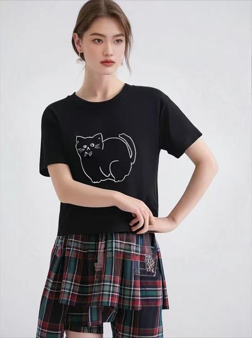 【新品特卖】8310短款宽松蝴蝶结可爱猫短袖T恤-喜出 商品图2