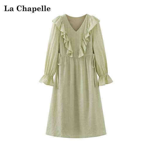 天猫同步【轻盈飘逸】拉夏贝尔/La Chapelle清新温柔气质V领荷叶花边长袖连衣裙女高腰时尚长裙春装 商品图0