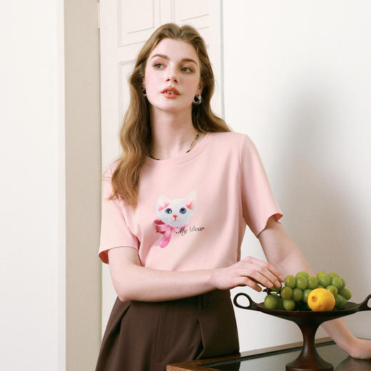 【商场同款】诗凡黎猫咪印花T恤2025夏季新款纯棉短袖女3G5100811 商品图2