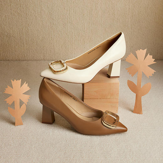 千百度羊皮裸色超高跟鞋女粗跟通勤法式尖头浅口单鞋A25457761 商品图1