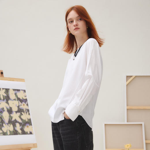 谜底T恤长袖女2025秋季新品休闲百搭创意剪裁不规则上衣253MT1103 商品图2
