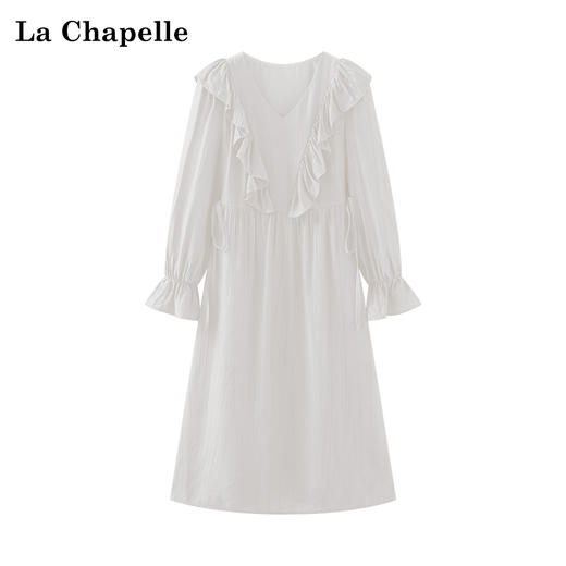 天猫同步【轻盈飘逸】拉夏贝尔/La Chapelle清新温柔气质V领荷叶花边长袖连衣裙女高腰时尚长裙春装 商品图5