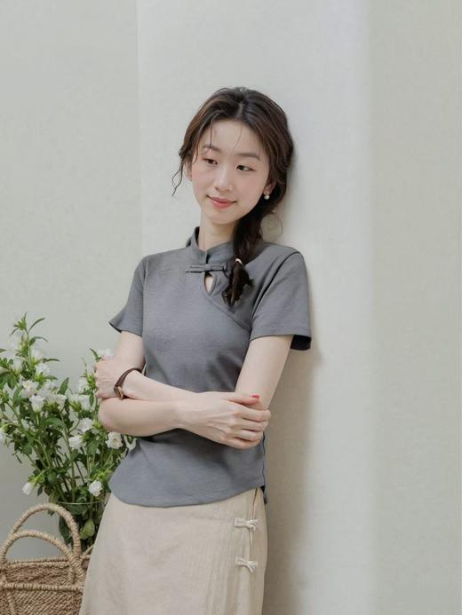 【新品特卖】3050新中式花灰镂空修身短袖T恤-喜出 商品图0